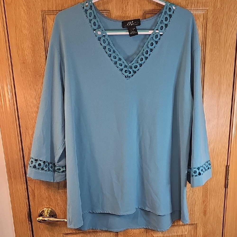 Midnight Velvet Teal V-Neck Blouse with Eyelet Detail